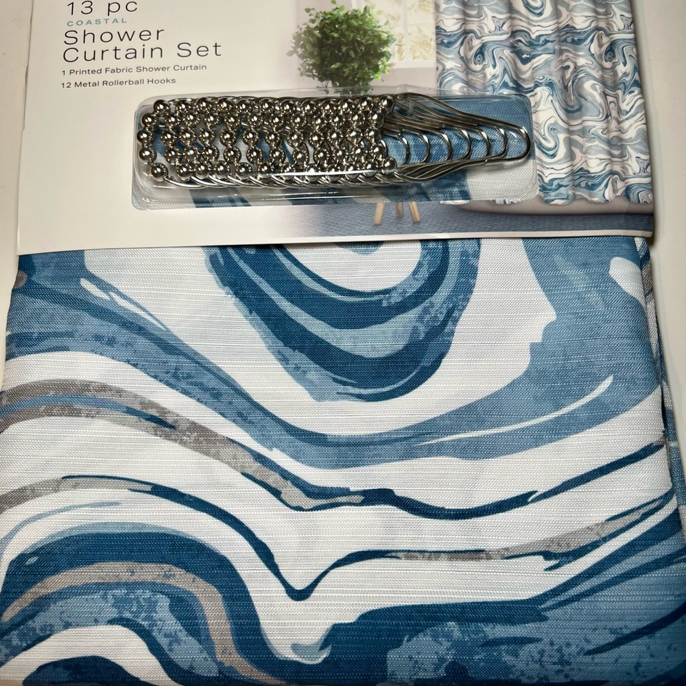 Blue Ocean Tide Fabric Shower Curtain Roller Hooks Marble Coastal